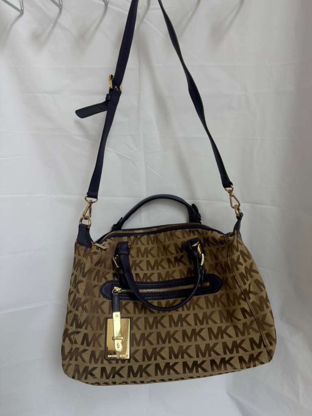 Michael Kors Tan MK Logo Satchel with dark purple Trim